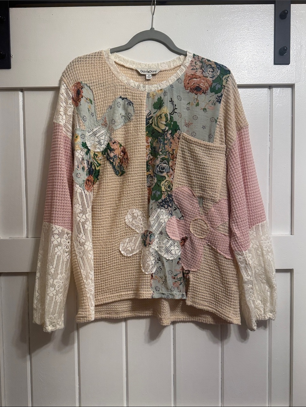 DAVI & DANI Patchwork Floral Waffle Knit Sweater - Pink & Cream